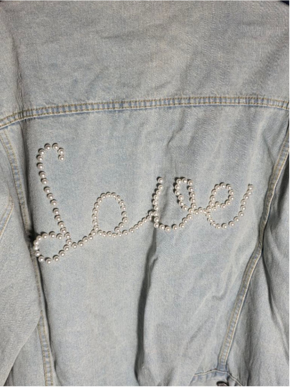 Women's POL Light Blue Jean Jacket with Pearl "Love" Detail, Size L wedding